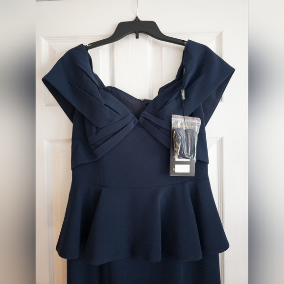 NWT Alexander by Daymor 1368 Off Shoulder Peplum Long Dress- Midnight - Picture 4 of 8